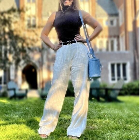 DONNI Off-White Stripe Pinstripe Linen Pleated Trousers Pants Size Large - Picture 1 of 15